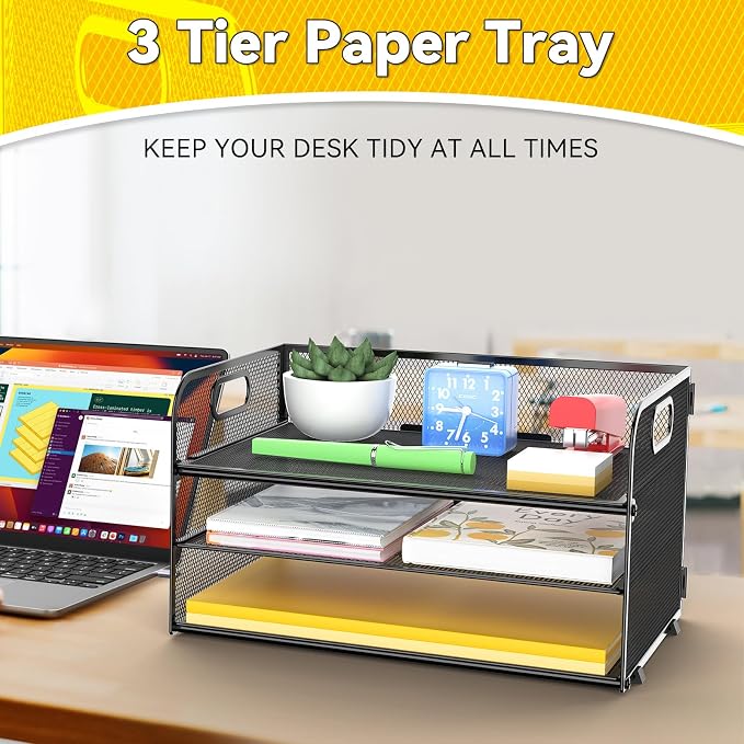 MINDEPOT 3 Tier Paper Organizer Tray with Handle, Mesh Letter Tray | 3 Tier Mesh Letter Tray for Office, Home, School, Black