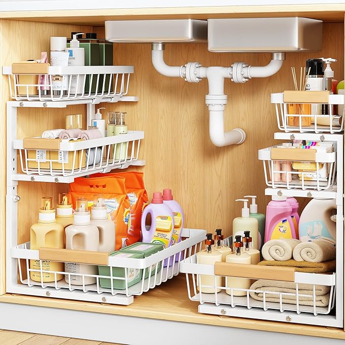 PXRACK Under Sink Organizer, 2-Pack 3-Tier Height Adjustable Thickened Metal Pull out Cabinet Organizer Shelf, Slide out Storage Drawer Rack for Bathroom Kitchen Pantry Home Organization, White