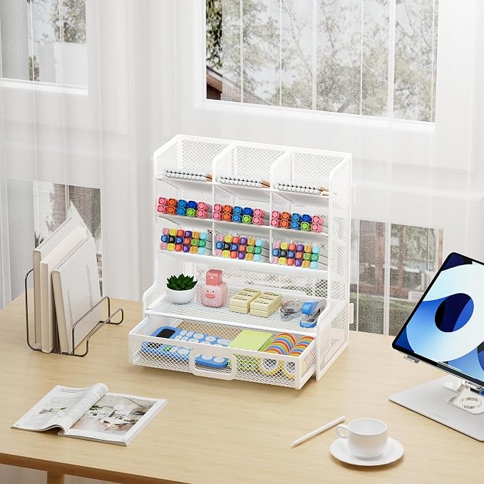 Marbrasse Larger Mesh Desk Organizer with Drawer, Multi-Functional Pen Pencil Holder, Easy Assembly, Desk Organizers and Accessories for Office Art Supplies (White) | Multi-Functional Pen Pencil Holder, Easy Assembly, For Office Art Supplies