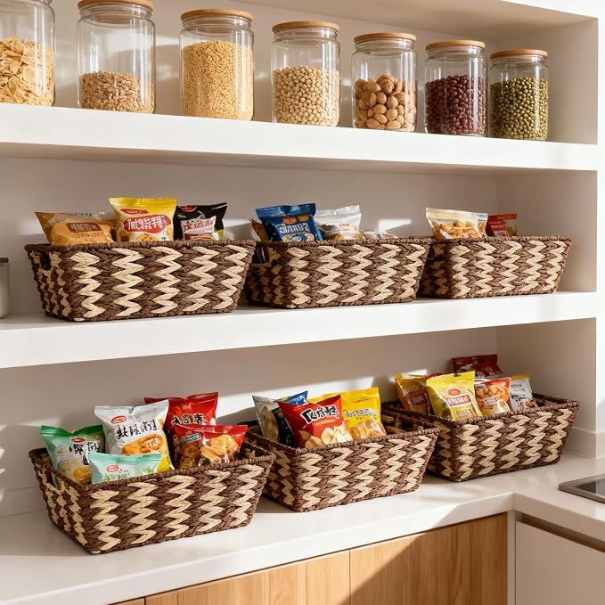 Paper Rope Storage Baskets for Shelves Organizing, Small Hand Woven Wicker Organizer Basket with Handle for Bathroom Toilet Paper Storage, Beige and Brown, 3-Pack