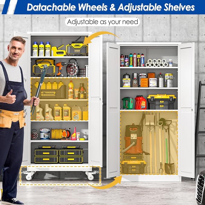 GAIOUS Metal Garage Storage Cabinet with Lock, Steel Tool Cabinet with 2 Doors and 5 Adjustable Shelves, 75” Tall Lockable File Cabinet with Wheels, Organization for Home Office Garage Gym - White