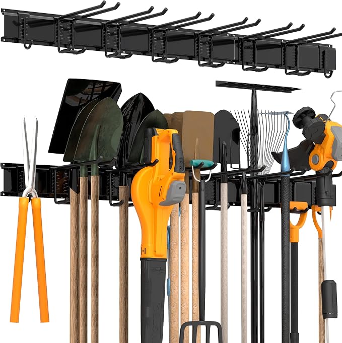 Garage Wall Organizer, Heavy Duty Tool Hangers for Garage Wall with 8 Double Hooks & 3 Rails, Tool Organizer Wall Mount, Garage Hanging Storage Rack for Shovel, Rake, Broom and Ski Gear