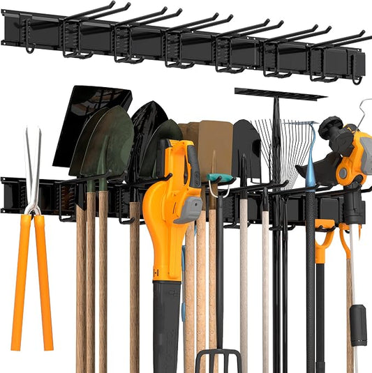 Garage Wall Organizer, Heavy Duty Tool Hangers for Garage Wall with 8 Double Hooks & 3 Rails, Tool Organizer Wall Mount, Garage Hanging Storage Rack for Shovel, Rake, Broom and Ski Gear