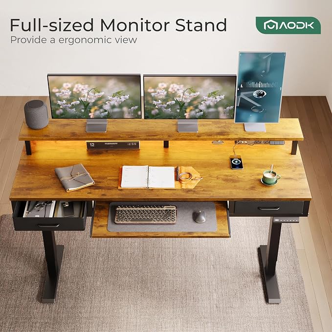 AODK 63 Inch Standing Desk with Drawers & Keyboard Tray, Rustic Brown | 3 Outlets & 2 USB Ports, 20-Mode LED Lights, Monitor Stand, Cable Management Tray, 3 Memory Heights, 29.9"-46.1" in Range