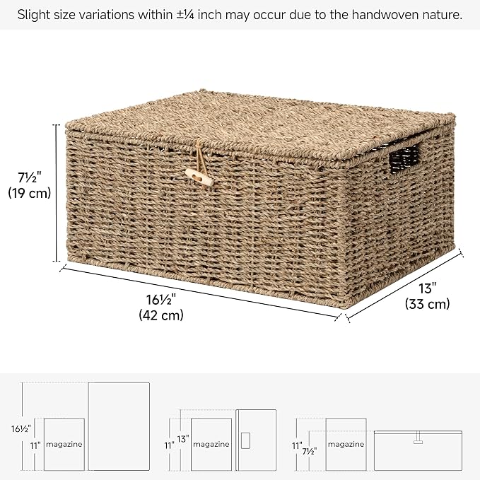 StorageWorks Extra Large Wicker Baskets with Lid for Organizing, Seagrass Storage Baskets for Shelves, Decorative Box with Built-in Handles, Natural, 1 Pack
