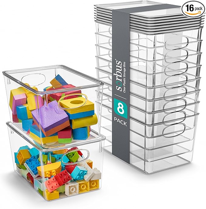 Sorbus Large Clear Plastic Bins with Lids – Stackable Organizer for Toys, Clothes, Medicine, Makeup, Closet, Art Supplies, Bathroom, Shoes – 8 Pack
