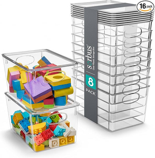 Sorbus Large Clear Plastic Bins with Lids – Stackable Organizer for Toys, Clothes, Medicine, Makeup, Closet, Art Supplies, Bathroom, Shoes – 8 Pack