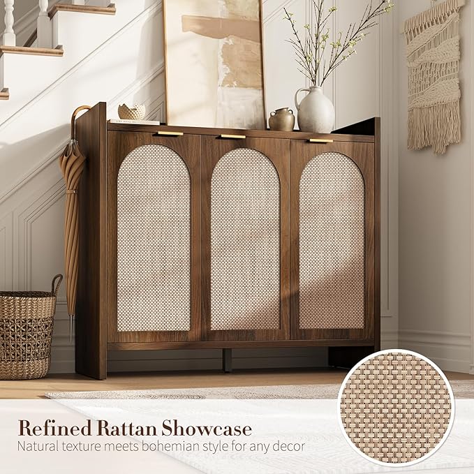 Shoe Cabinet Storage for Entryway - Rattan Accent Cabinet with 3 Doors & Adjustable Shelves, 6-Tier Large Wood Shoes Cabinets with Organizer Rack for Entry Way, Hallway, Living Room, Walnut