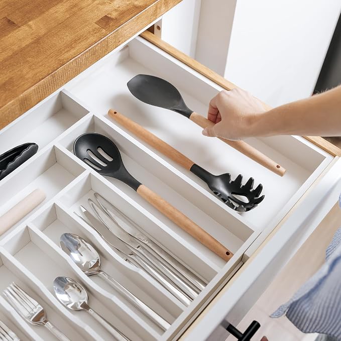 KitchenEdge Silverware & Utensil Drawer Organizer, 18-33 in, White Bamboo | Cutlery, flatware, food-safe contract grade, kitchen drawer fit