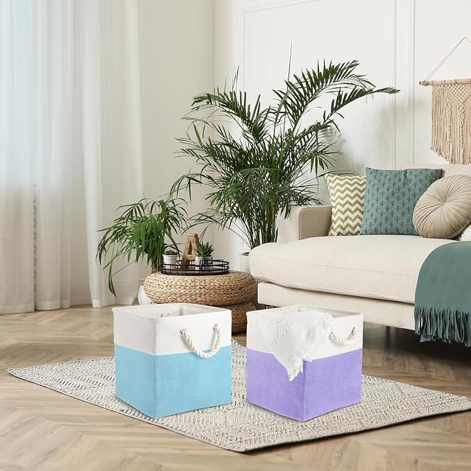 Geiserailie 6 Pcs 11 x 11 Inch Cube Storage Bins Fabric Storage Organizer Bins Foldable Cube Baskets with Sturdy Carry Handles Wicker Baskets for Home(11 x 11 Inch,Mermaid Color)