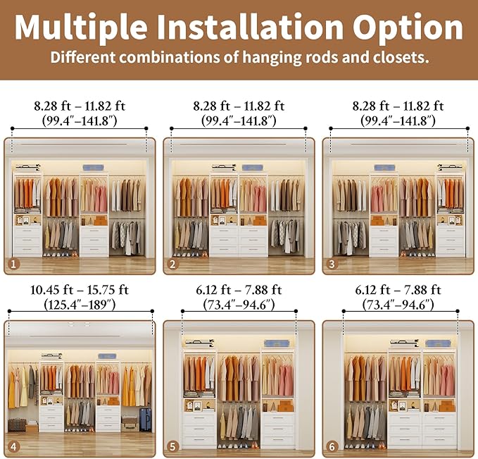 Westcity Closet System with 6 Drawers, 4FT-15FT 2-Piece Closet System, Walk in Closet Organizer System, Modular Closet System with 10 Adjustable Hanging Rods & Shelves, Closet Storage System, White