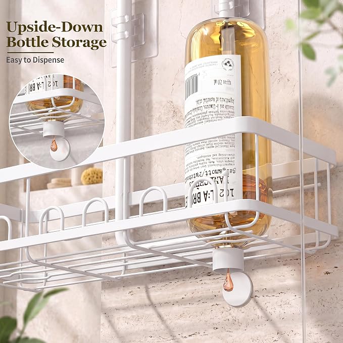Skyapex Shower Caddy Hanging: Adjustable Height Organizer for Over Showerhead - Rustproof Shower Shelves with Hooks & 2 Soap Holders, White
