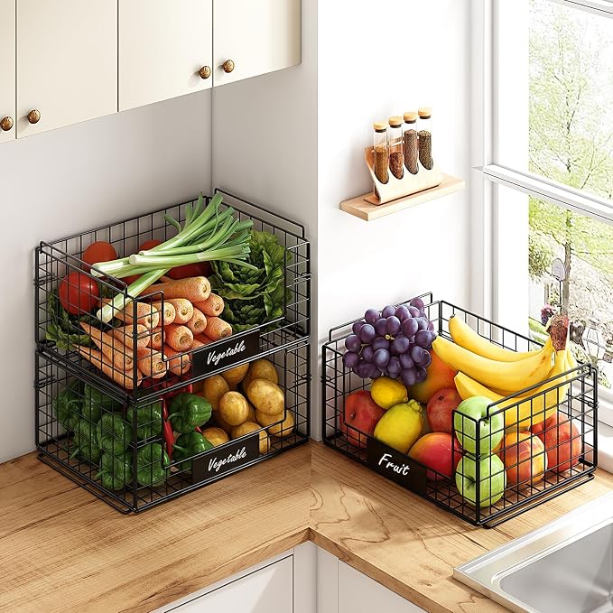 JKsmart 3 Pack XXL Stackable Wire Baskets, Pantry Organizers and Storage | Fruit Basket with Name Plates & Handles & Breathable Design, Muti-Purpose for Snack Rack & Metal Storage Bins & Can Organizer