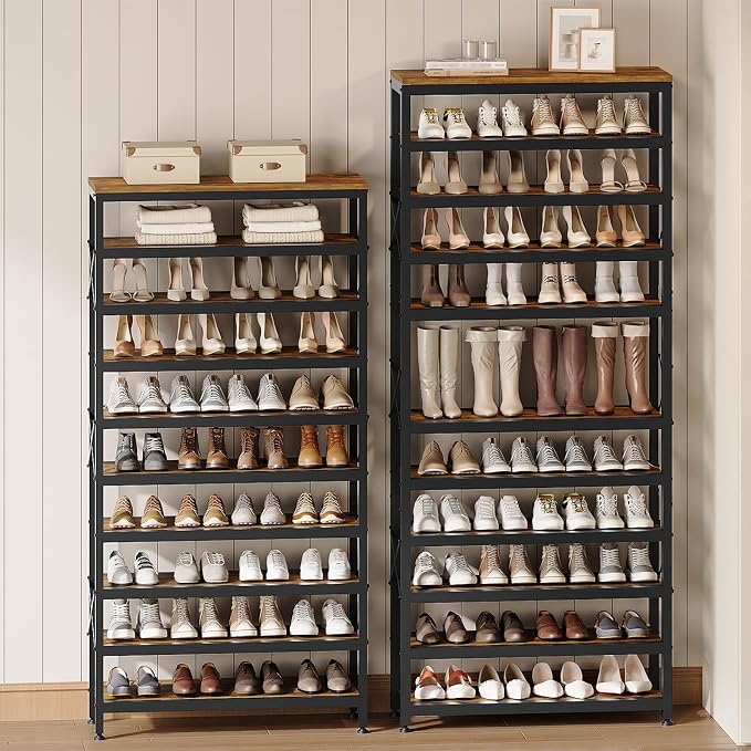 12-Tier Tall Shoe Rack Organizer, Wooden Shoe Storage for Closet Holds 48 Pairs, Sturdy Shoe Shelf with X-Shaped Metal Support, for Entryway, Bedroom, Rustic Brown and Black SS212BR