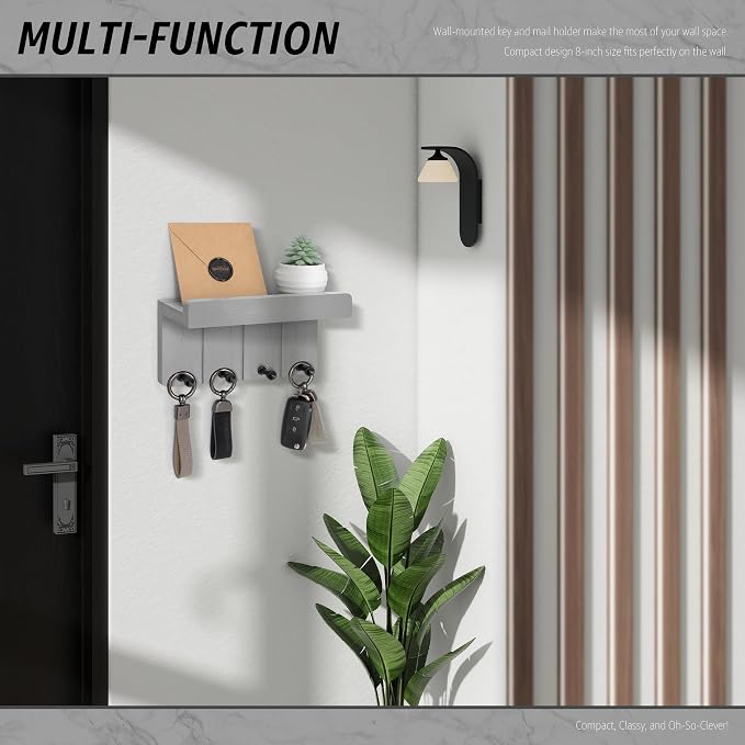 Rebee Vision Key Holder Wall Mount with Shelf for Home Decor, Light Gray | Key and Mail Holder for Wall, Floating Shelf, 4 Hooks, Aesthetic Room Decor, Apartment Essentials, Compact Home Storage