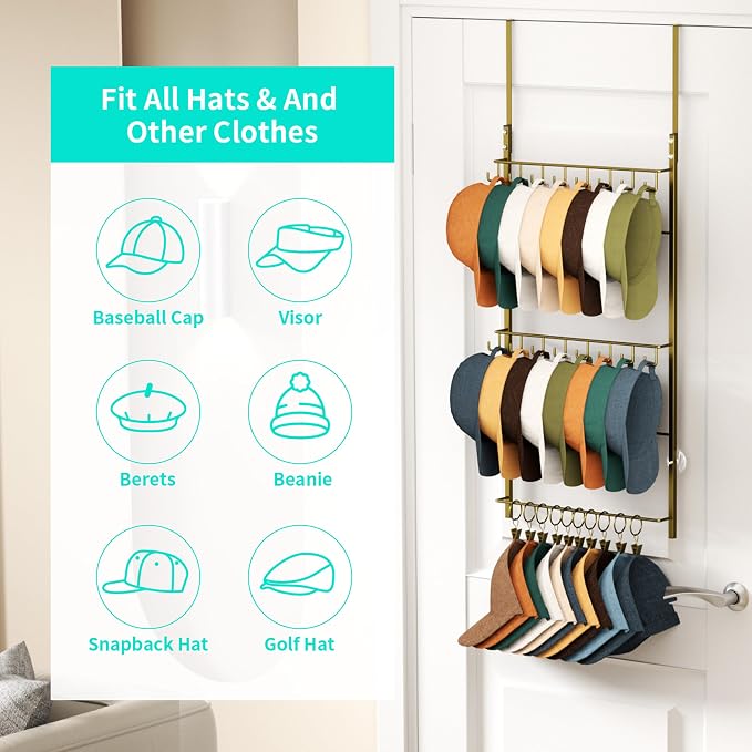 HapiRm Over Door Hat Rack - 3 Tier Wall Mounted Hat Organizer with 16 Hooks and 10 Movable Clips, Baseball Cap Organizer Storage Holds up to 26 Caps for Door, Bedroom, Closet USPTO Patent Pending