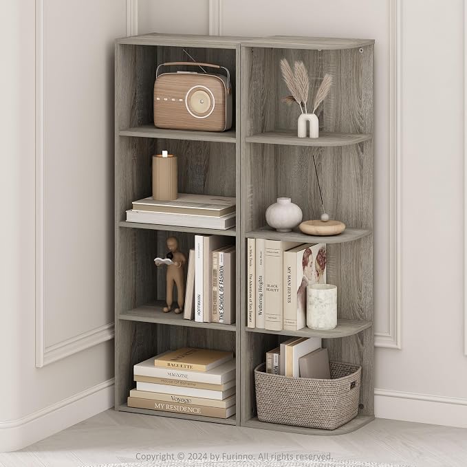 Furinno Reed Corner Shelf, 4-Tier Corner Bookshelf, Book Shelf, Corner Shelves, Storage Rack, for Organization and Storage, Home Office, Living Room, French Oak