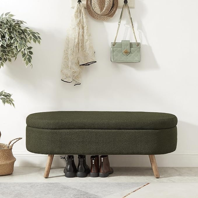42.25" Ottoman with Storage, Storage Ottoman Bench with Safety Hinge, Boucle End of Bed Bench, Upholstered Entryway Bench for Bedroom, Living Room & Window, Holds up to 330 lb, Dark Green