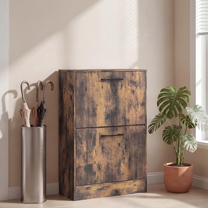 HOMCOM Shoe Cabinet with 2 Flip Drawers, up to 12 Pairs, Rustic Brown | Narrow Storage Cabinet, Adjustable Dividers, Entryway Shoe Storage Unit, for Hallway