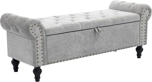 51" Storage Bench for Bedroom, Upholstered Ottoman Bench Chenille LightGray | End of Bed Bench for Bedroom, Window Benches for Living Room, Entryway, Ottoman with Large Storage Space, Pet Friendly