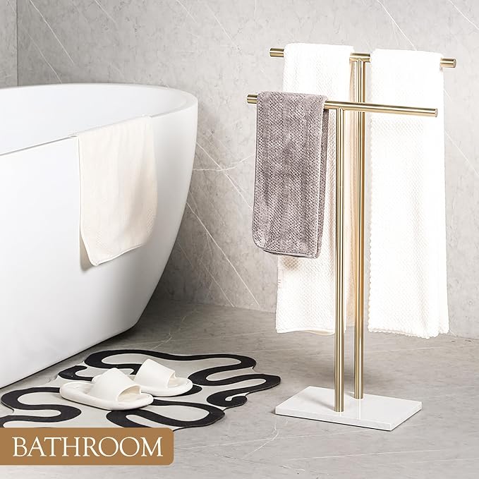 Free Standing Towel Rack for Bathroom - Satin Gold Finish - Stand Alone 2 Tier Stainless Steel Towel Rack for Bathroom Floor with Heavy Marble Base, Double T Shape Drying Stand for Towels