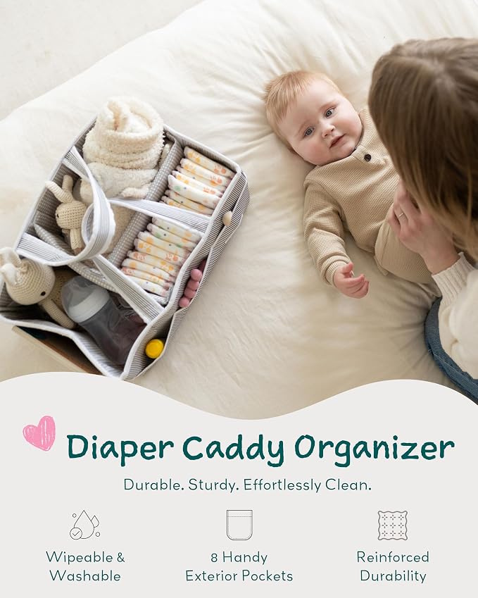 Baby Diaper Caddy Organizer, Baby Shower Basket for Newborn Boys or Girls, Nursery Must Haves for New Mom, Registry Favorites, Large Storage Tote for Changing Table or Car, Gray
