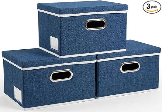 PRANDOM Storage Bins with Lids [3-Pack] Linen Fabric Foldable Storage Boxes Organizer Containers Baskets Cube with Cover for Bedroom Closet Office Royal Blue（11.4X8.6X6.7