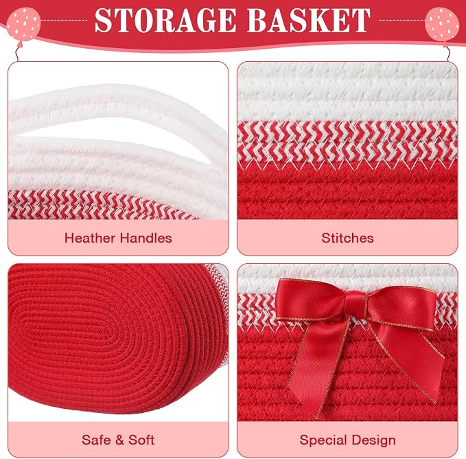 Colingmill 1 Set Woven Empty Basket for Gift,Red White | with Cellophane Wrap Set, 14 x 10 x 5.5 Inch, Medium Decorative Gift Basket, Cotton Rope Storage Box, Home Decor