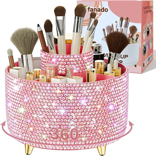 fanado Bling 360° Rotate Makeup Brush Holder Organizer, Makeup Organizers Countertop, Makeup organization and Skincare Storage for Vanity, Gift for Women Girls (Bling dz-Pink)