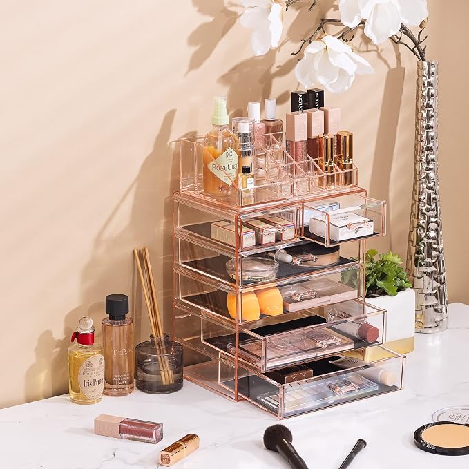 Sorbus Acrylic Makeup Organizer Set, 6-Drawer Vanity & Countertop Cosmetic Storage with Small & Wide Compartments, Pink Makeup Storage for Brushes, Jewelry – Holiday Gift for Women & Teens