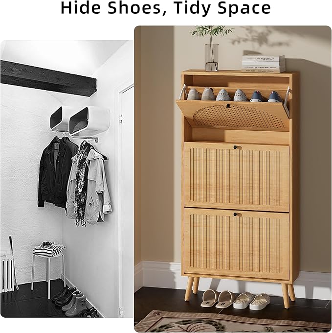 Fsbecl Shoe Storage Cabinet for Entryway with 3 Flip Drawers, Oak | Narrow Single Layer Design, 23.6'' Freestanding Shoe Rack, Wooden Hidden Organizer for Hallway Foyer, 6-9 Pairs
