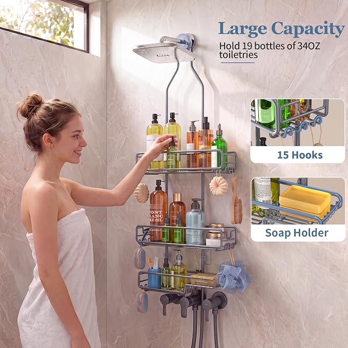 Skyapex Shower Caddy Hanging Bathroom Organizer: Over Head Adjustable Rack for Tall Showerhead - Extra Large Storage Shelf for Big Shampoo Bottles with Soap Holder (Grey)