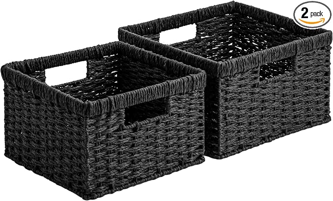 StorageWorks Wicker Basket with Handle, Wicker Storage Baskets for Organizing, Decorative Storage Baskets for Shelves, Paper Rope, Black, 2-Pack