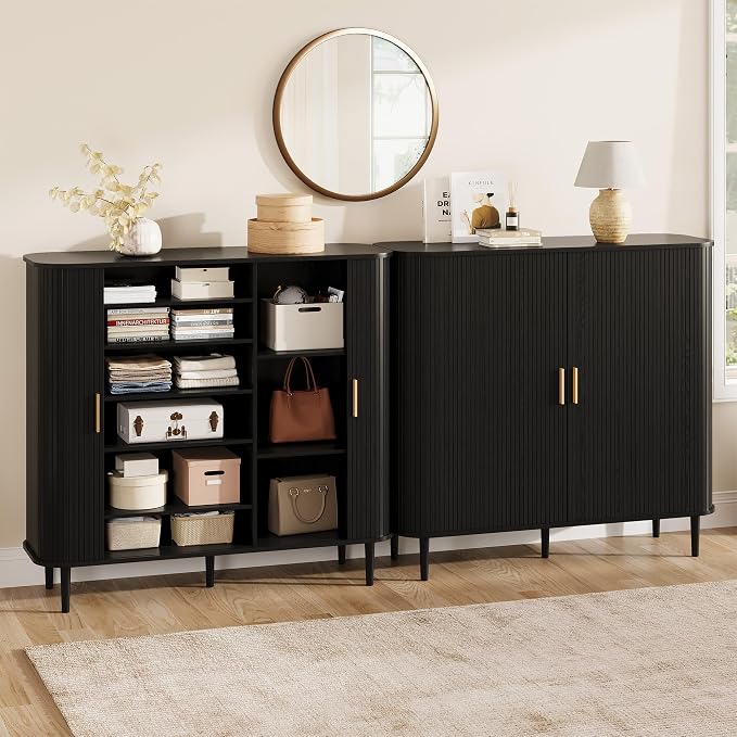DHH Shoe Storage Cabinet with Sliding Door, 6-Tier Shoe Cabinet with Adjustable Shelves, Mid Century Modern Freestanding Shoe Storage Organizer for Entryway, Hallway, Living Room (Black, 47 ")