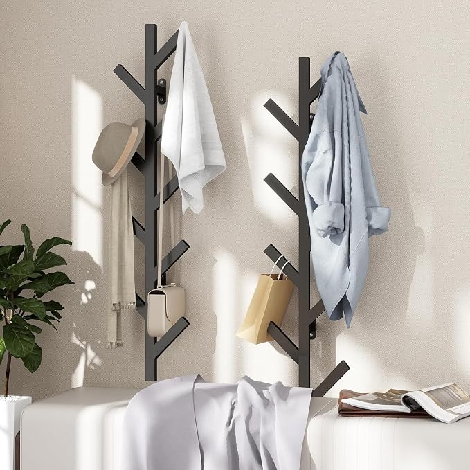 Vlush 2Pack Wall Mounted Coat Rack - 9 Hooks, Modern Metal Design, for Hats, Coats, and Bags - Suitable for Entryways and Bedrooms - Black (37.8" Height)