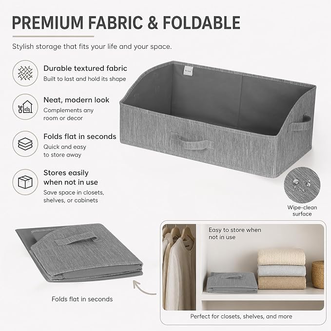 WUIKE Trapezoid Storage Bins for Closet Organizers and Storage, Fabric Closet Bins with Handles, Foldable Storage Baskets for Clothes, Purse, Blanket, Light Gray, Extra Large, 3-Pack