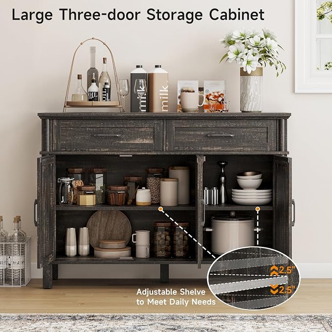 48 Inches Buffet Cabinet with Storage, Farmhouse Sideboard Buffet w/2 Drawers and 3 Doors, Wood Coffee Bar Cabinet with Adjustable Shelves, Sideboard Storage for Kitchen, Living Room, Rustic Brown