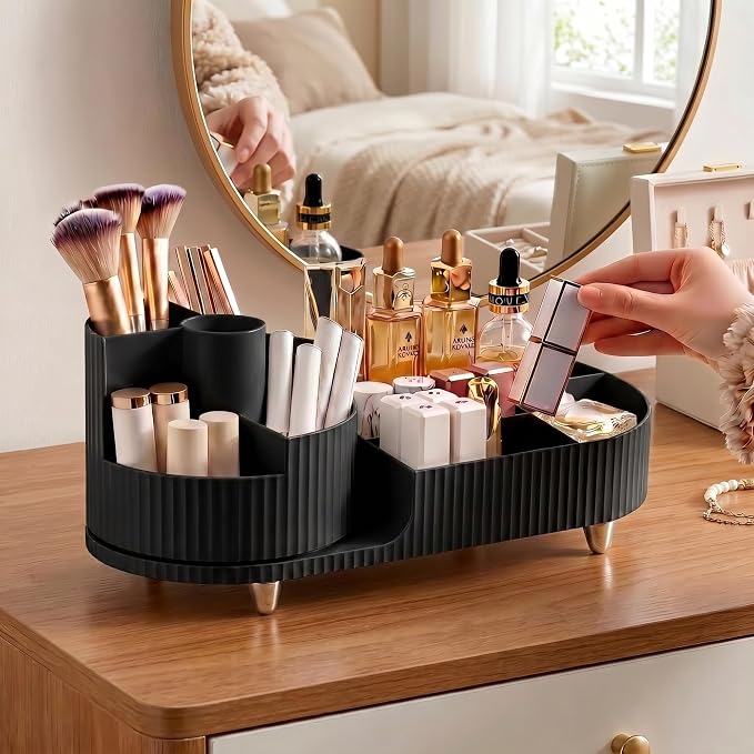 Booklov Rotating Makeup Organizer for Vanity Countertop, Black | Plastic Cosmetic Display Case, Large Beauty Brush Holder for Bathroom Counter, Skin Care Perfumes Storage