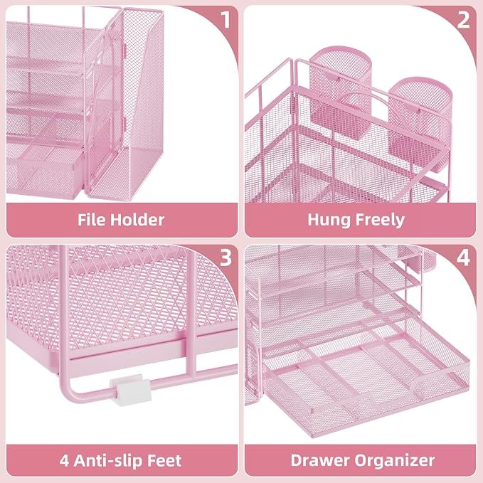 Marbrasse 4-Tier Paper Tray Organizer with Drawer and Pen Holder, Pink | Metal Mesh Desk Organizer, Built-in Drawer & 2 Pen Slots, fits letters/Files, for School Home Office Supplies