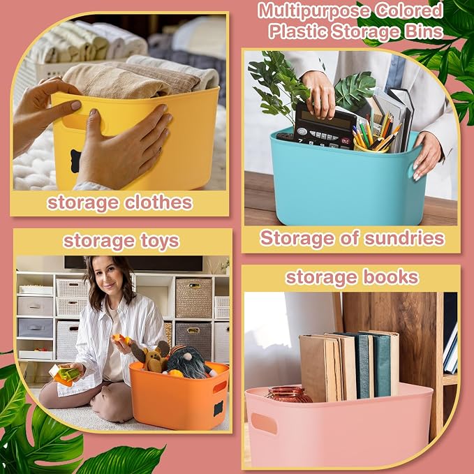 Thyle 12 Pack Classic Colorful Plastic Storage Bins with Lids, Back to School Stackable Storage Container with Handle Label for Organizing Toy Craft for Classroom Shelf Bedroom Office 10 x 7 x 6 Inch