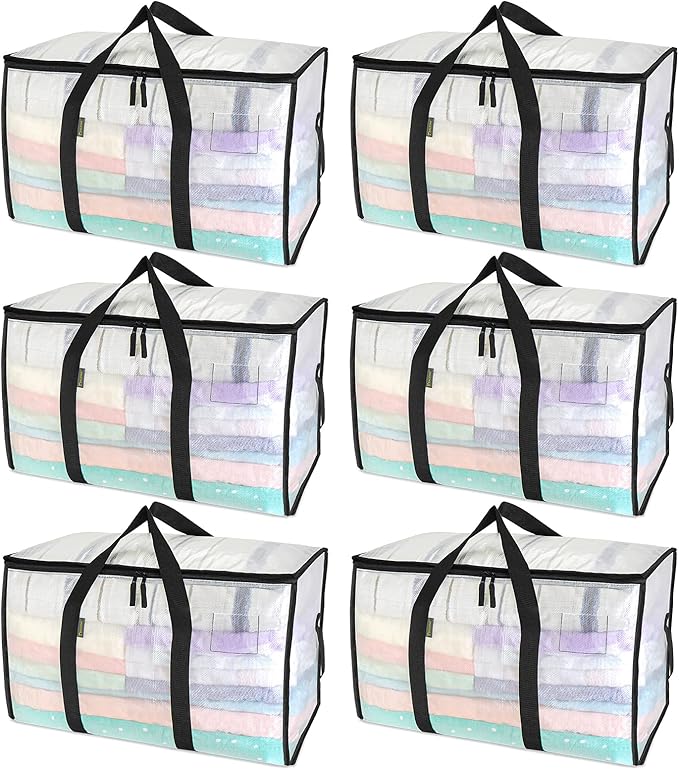 BALEINE 6-Pack Oversized Moving Bags with Reinforced Handles, Heavy-Duty Storage Tote for Clothes, Moving Supplies (Clear, 6-Pack)