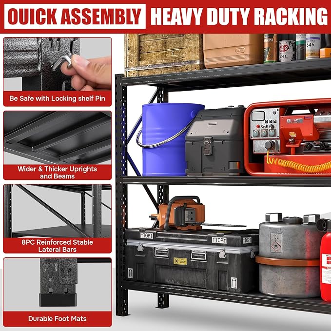 67” W Storage Shelves Heavy Duty 5000Lbs Adjustable Metal Garage Shelving Unit Rack Metal Storage Shelf for Heavy Tools and Equipment, Ideal for Garage, Basement, Black, 67" W X 20" D X 63" H
