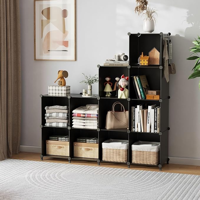 AWTATOS 12 Cube Storage Organizer, Closet Organizer Storage Shelves, Black | Portable Closet, DIY Stackable Storage Cubes Shelve, Plastic Clothes Organizer Shelving for Home, Bedroom