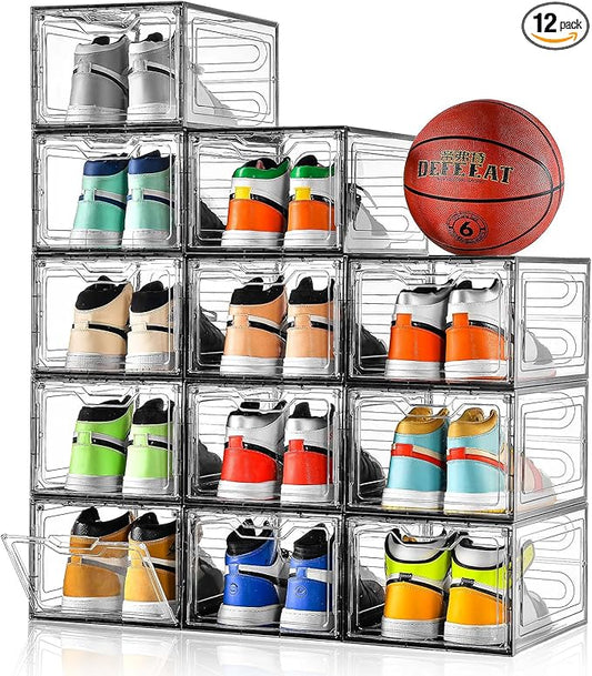 Stebopum 12 Pack Shoe Boxes Shoes Organizer, Shoe Storage Organizer Boxes with Magnetic Door, Clear Shoe Organizers Sneaker Storage Shoe Box for Women/Men, Fit up to US Size 12