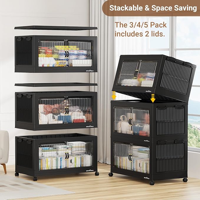BROVIEW 600 Qt Extra Large Stackable Storage Bins with Lid, Plastic Closet Organizer and Storage Drawer, Collapsible Storage Box with Wheels, Folding Storage Cabinet for Closet Organizing, 3Pack Black