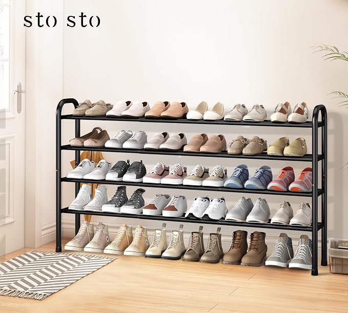 STO STO Long Expandable Shoe Rack 4-Tier, Adjustable Length 33.7”–47.5” Shoe Organizer, Metal Shoes Storage Shelf, Holds Up to 30 Pairs, Non-Slip Feet, for Closet, Entryway, Hallway, Front Door, Black