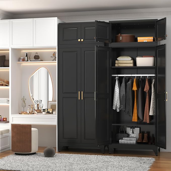 Polup 86" Tall Black Metal Armoire Wardrobe Closet with Hanging Rod | Heavy Duty Steel Clothing Storage Cabinet, 4 Doors, 180lbs Adjustable Shelves, Shipped in 2 Packages for Bedroom, Garage