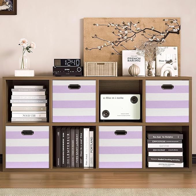 Posprica Storage Bins Storage Cubes,13×13 Collapsible Storage Boxes Containers Organizer Baskets for Nursery,Office,Closet,Shelf - 4pcs,Purple-white Striped