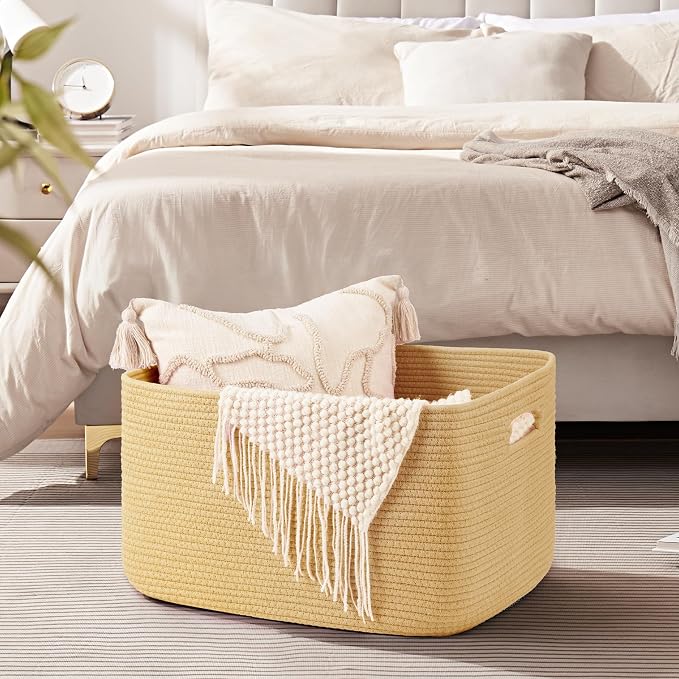 OIAHOMY 75L Large Blanket Basket, Woven Cotton Rope Baskets for Organizing 22”x17”x12”, Blanket Basket living Room, Toy Storage Bins for Nursery, Yellow