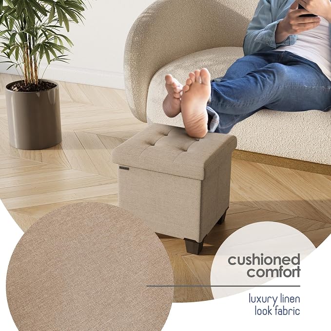 Storage Ottoman Cube with Small Bin, 15-in Square Ottoman with Storage for Living Room and Bedroom, Small Ottomans Foot Rest, Fabric Foot Stools Ottomans Max 330lbs, Taupe